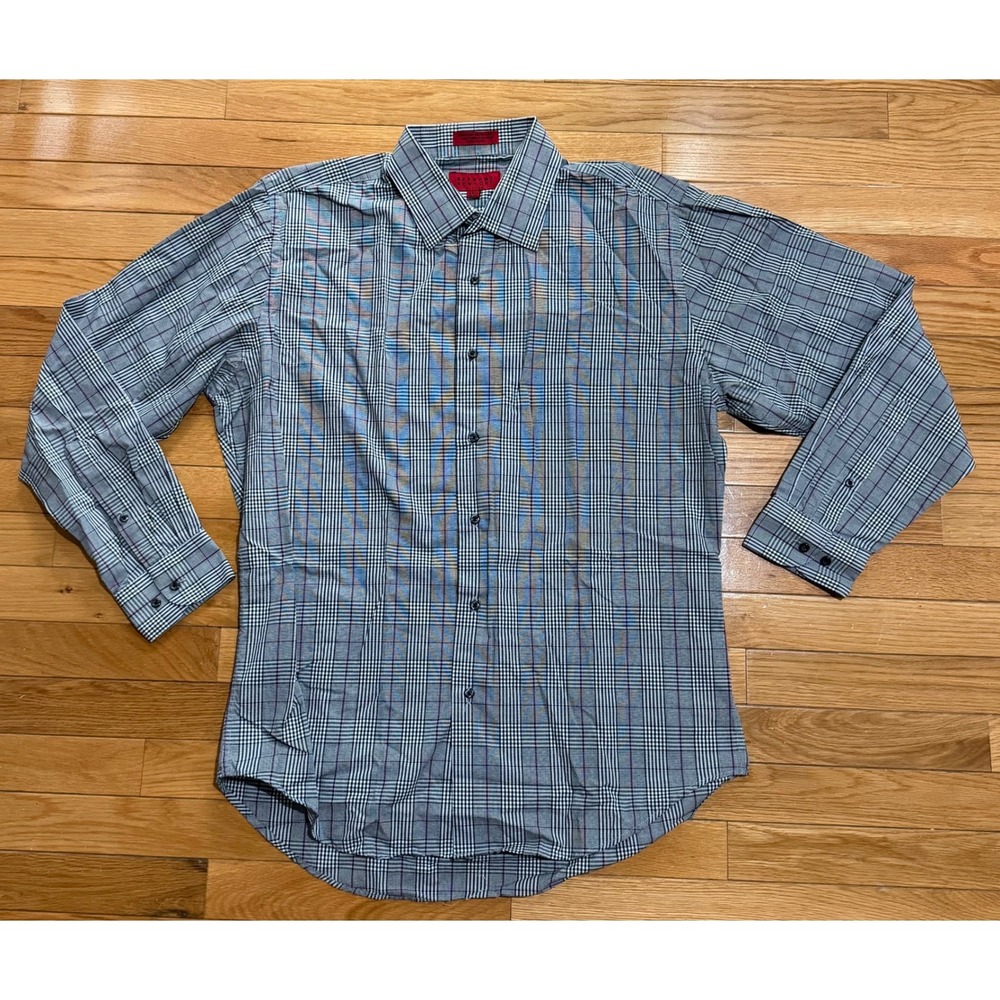 Bergamo New York Mens Fitted Glen Plaid Dress Shirt Purple Black Large 16-16.5 L